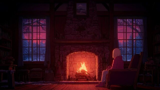 cozy lofi inspired anime manga fireplace with a person sitting in front, loop animation background, atmospheric rustical house