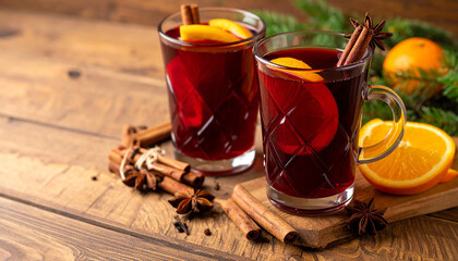 Generated image Two glasses of christmas mulled wine with oranges and spices on wooden background
