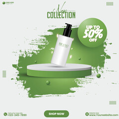 Green color eco product sale social media podium poster design template. 3D realistic promotional natural product sale empty podium design vector. Green abstract empty social media podium design. 