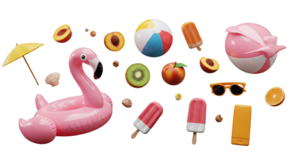 Colorful abstract composition of summer vacation items. isolated on transparent png