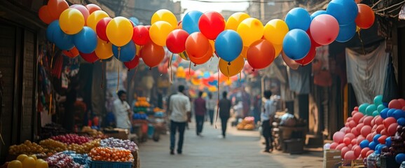 vibrant balloons float above a bustling marketplace creating a festive and celebratory atmosphere