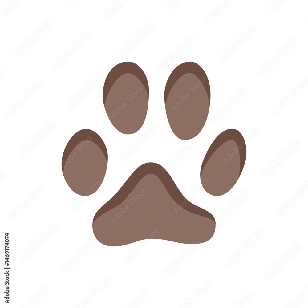 Poster illustration of a brown paw print with rounded pads and a distinctive shape on a white background im