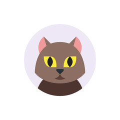 Illustration of a brown cat with yellow eyes and pink ears inside a light purple circle shape design