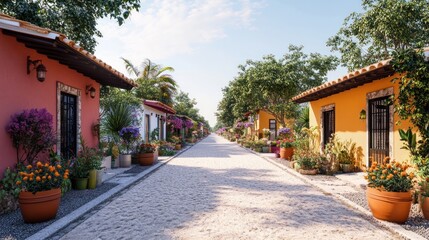 Fototapeta premium Colorful Mexican Town Street Under Sunny Sky