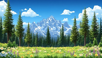Fototapeta premium Lush mountain meadow under a vibrant blue sky.