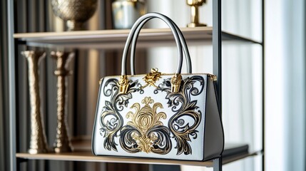 Exquisite handbag with ornate gold and black embellishments on display