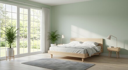 Light and Airy Bedroom Interior with Scandinavian Design and Green Plants