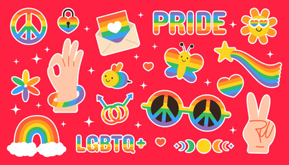 Bright LGBT Pride Design Collection – Vector Stickers Featuring Rainbow Symbols, Heart Icons, Peace, Unity, and Equality Graphics for Social Media, Posters, and Events