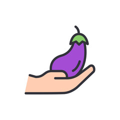 Stylized illustration of hand holding an eggplant, fresh harvest concept