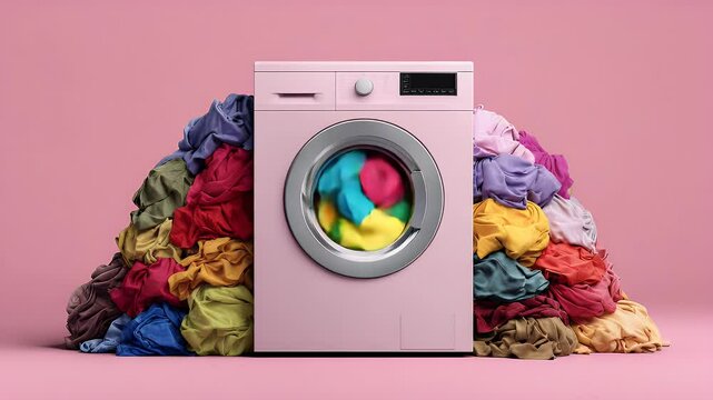 A pastel pink washing machine surrounded by a vibrant pile of laundry, illustrating a colorful laundry day scene
