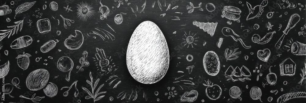 Poster hand-drawn egg sketch surrounded by a playful chalkboard design showcasing various food items and na