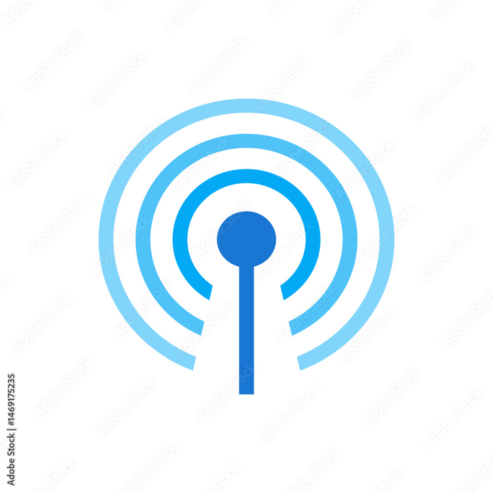 Poster blue wifi signal icon with concentric circles emanating from a central antenna on a white background