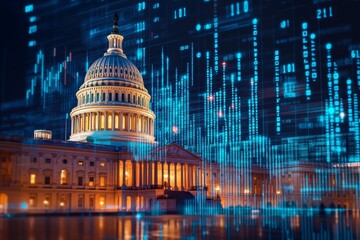 Capitol Building overlaid with financial data, illuminated at night.  Digital representations of stock market trends and economic indicators are projected onto the building
