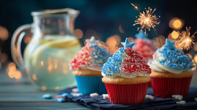 Sparkling red, white, and blue cupcakes with star sprinkles, fireworks reflected in lemonade - festive Independence Day celebration