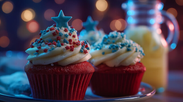Sparkling red, white, and blue cupcakes with star sprinkles, fireworks reflected in lemonade - festive Independence Day celebration - Powered by Adobe