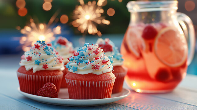Sparkling red, white, and blue cupcakes with star sprinkles, fireworks reflected in lemonade - festive Independence Day celebration