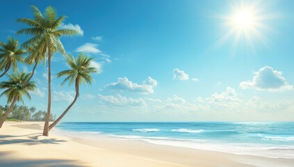 Obraz premium azure seascape beckons with sunlit serenity fluffy clouds and graceful palms forming an idyllic haven