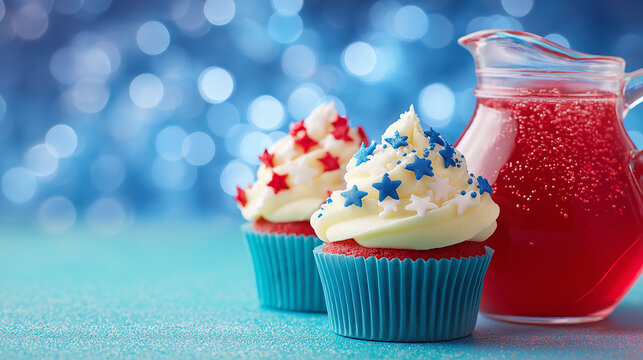 Sparkling red, white, and blue cupcakes with star sprinkles, fireworks reflected in lemonade - festive Independence Day celebration