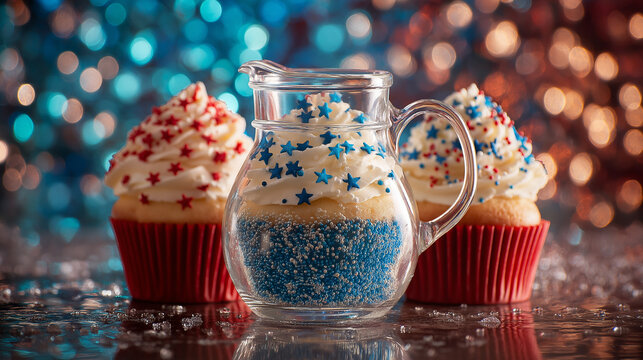 Sparkling red, white, and blue cupcakes with star sprinkles, fireworks reflected in lemonade - festive Independence Day celebration