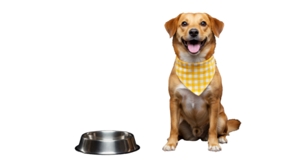A cheerful dog wearing a yellow bandana, seated beside a food bowl. isolated on transparent png