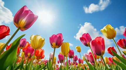 Vibrant display of tulip blooms against a clear azure sky backdrop