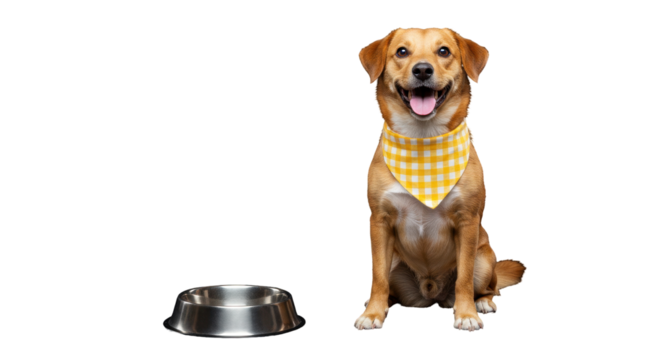 A cheerful dog wearing a yellow bandana, seated beside a food bowl. isolated on transparent png