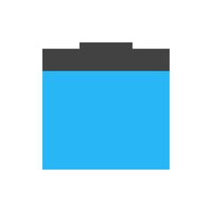 Illustration of a battery with a blue body and a gray top indicating a full charge on a white background