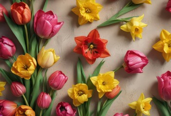 Close-up vibrant tulips & daffodils on textured paper  Spring blooms, fresh, colorful , petals, flora, tulips