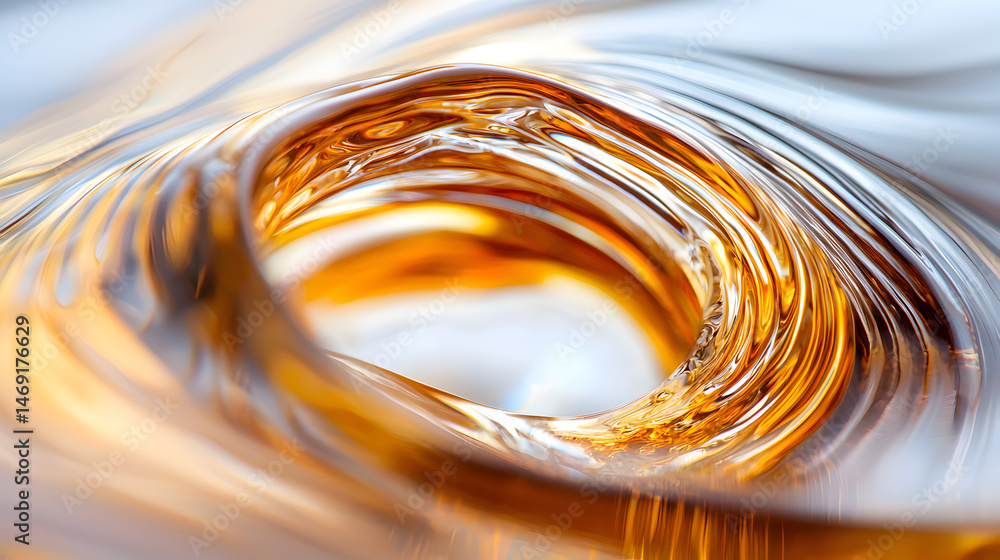 Poster amber liquid swirl: abstract close-up of swirling amber liquid creating a mesmerizing vortex, showca