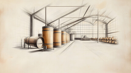 Aging Cellar: A detailed sketch of an old winery interior, showing rows of wooden barrels and large tanks, conveying the traditional process of wine aging in a cool, rustic setting.