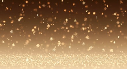 Gold snowflakes falling on a brown background with glitter