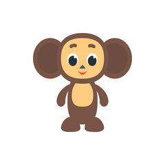 Illustration of a cartoon cheburashka with brown fur and big ears standing upright on a white background