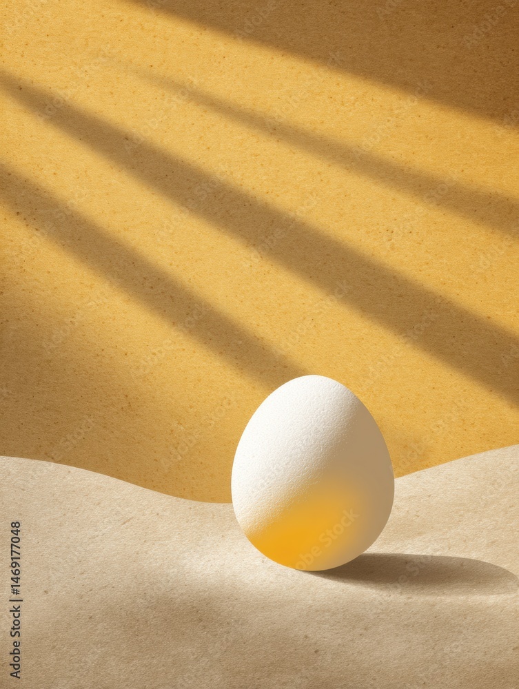 Aufkleber central spotlight illuminating a delicate egg on warm textured paper background with soft shadows cr