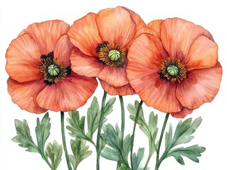 Obraz premium Watercolor illustration of three vibrant orange poppies. Delicate petals and green leaves
