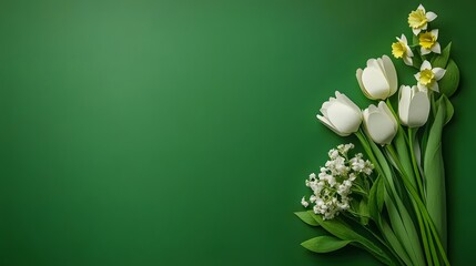 Fresh Spring Flowers Arrangement on Dark Green Background for Floral Design Use