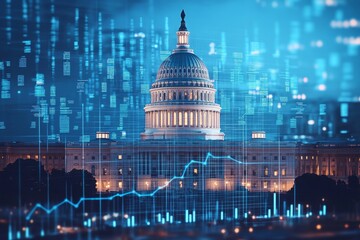 Capitol building overlaid with financial data.  Night view of the US Capitol building,  with glowing financial charts and code