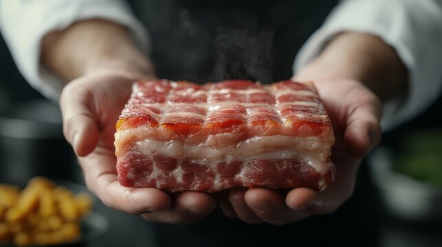 A chef's hands hold a piece of raw bacon.