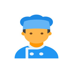 Illustration of a chef with a blue hat and uniform, featuring a simple design and light color palette style