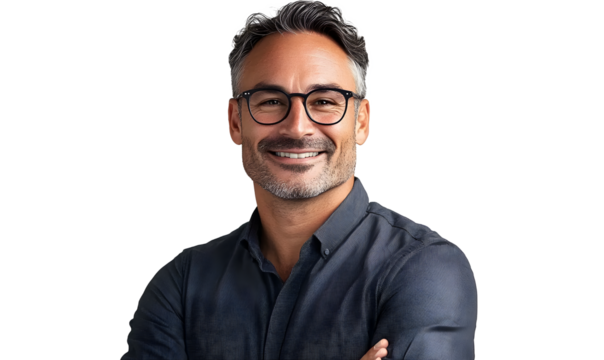 Portrait of a handsome, smiling businessman wearing glasses, isolated on transparent background, cut out