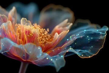 A bionic flower blooming with rotating data petals