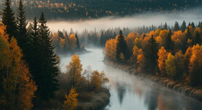Misty river winding through autumn forest