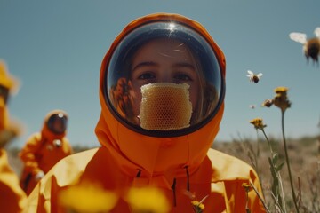 Naklejka premium Person in protective gear with honeycomb mask