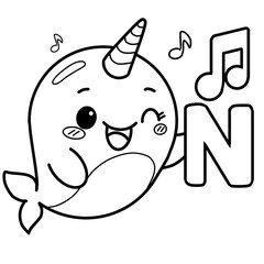 Cute line art clip art of a narwhal singing. © Nisakorn