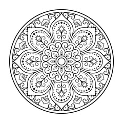 Circular pattern in form of mandala with flower for Henna, Mehndi, tattoo, decoration. Decorative ornament in ethnic oriental style. Outline doodle hand draw vector illustration.