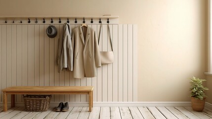 Calm and Inviting Space with Slatted Wood Wall and Soft Beige Paint