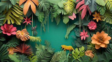 Fototapeta premium Paper Jungle Animals Flowers.