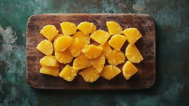 Freshly cut pineapple slices on wooden board. - Powered by Adobe