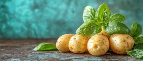 Fresh potatoes with fresh basil leaves on a rustic surface.