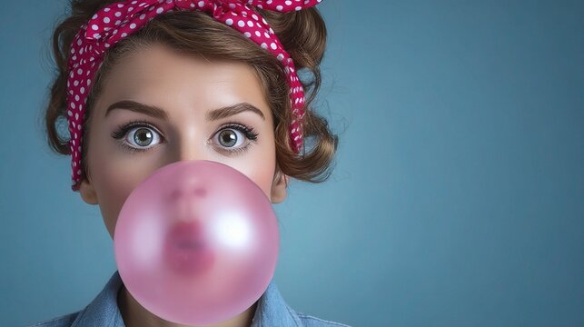 Woman Blowing Giant Bubblegum Bubble in Exaggerated Pose