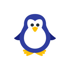 Illustration of a stylized penguin with blue and white body and yellow feet and beak design element